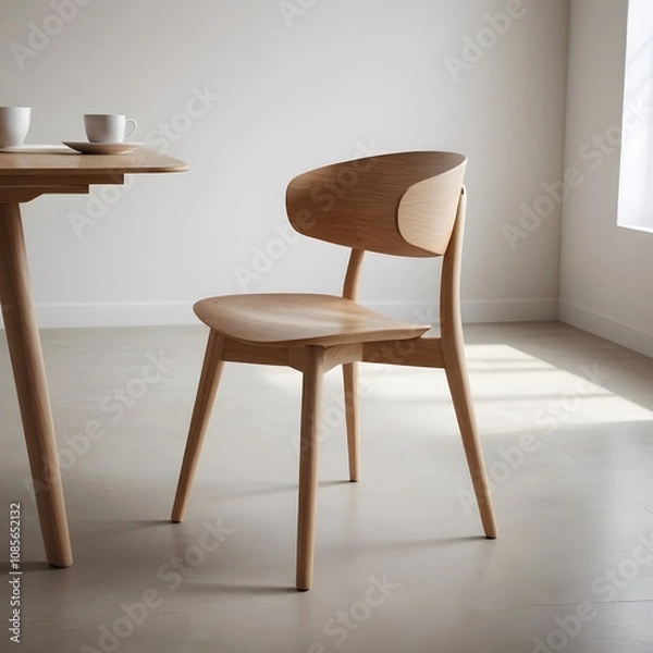 Fototapeta A Modern Minimalist Light Oak Wooden Chair in a Bright Room with a Wooden Table and Cups, showcasing Scandinavian Design Aesthetics