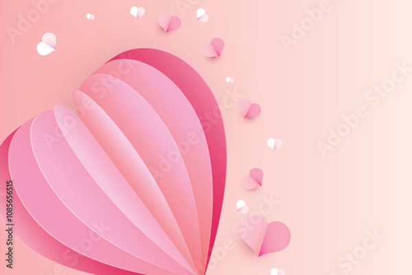 Fototapeta Paper cut elements in shape of heart on rectangular frame has free space.and pink sweet background. Vector symbols of love for Happy Valentines Day, birthday greeting card design.