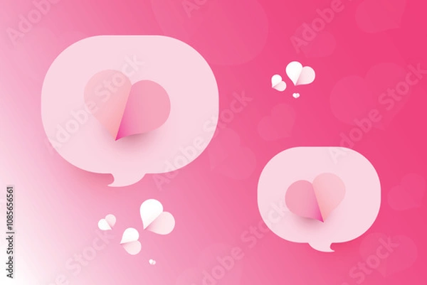 Fototapeta Paper cut elements in shape of heart on speech bubble frame has free space.and pink sweet background. Vector symbols of love for Happy Valentines Day, birthday greeting card design.