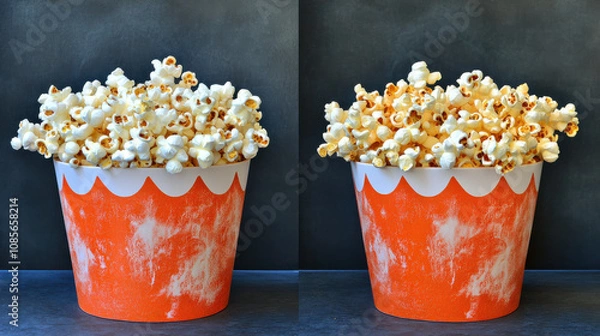 Fototapeta Delicious popcorn bucket filled with fluffy popcorn, perfect for movie nights or snacks. Enjoy crunchy texture and buttery flavor in this vibrant orange container