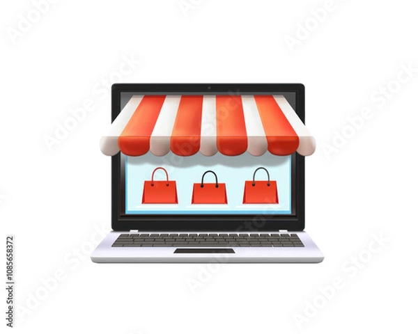 Fototapeta Laptop screen shows a store display with three red bags. Isolated on a transparency background