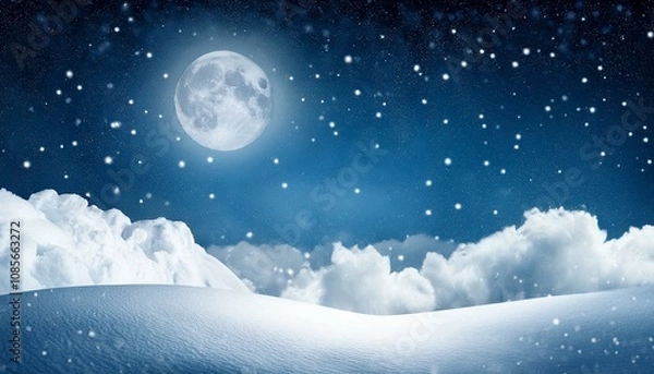 Fototapeta Christmas night background with clouds, moon and falling snow. Winter landscape. Vector illustration