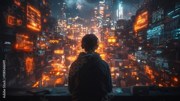 Obraz Ethical Hacker Monitoring Networks Glowing Data Streams Secure Nodes in a Futuristic Cybersecurity Visualization