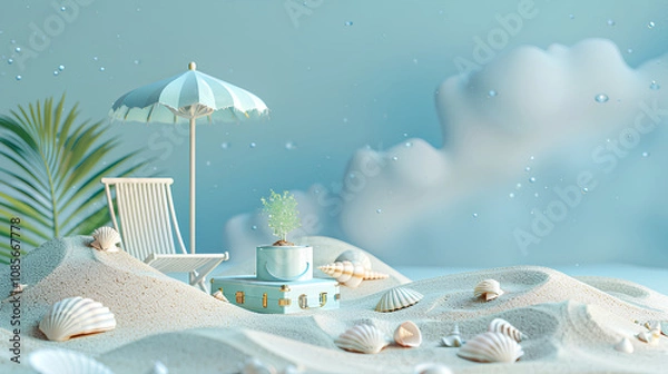 Fototapeta A beach-themed podium with sand dunes, seashells, and an umbrella for summer product display. A blue suitcase sits on the ground next to it. In the style of minimalistic composition