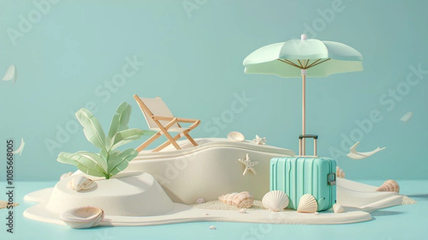 Fototapeta A beach-themed podium with sand dunes, seashells, and an umbrella for summer product display. A blue suitcase sits on the ground next to it. In the style of minimalistic composition