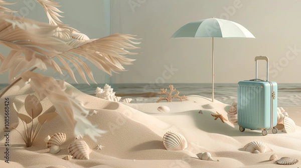 Fototapeta A beach-themed podium with sand dunes, seashells, and an umbrella for summer product display. A blue suitcase sits on the ground next to it. In the style of minimalistic composition