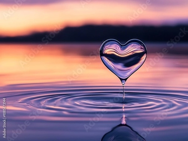 Fototapeta Heart Shaped Water Drop Suspended Above Serene Lake at Dusk Reflecting Sky s Colors