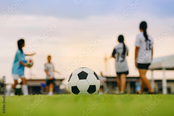 Fototapeta Action sport outdoors of kids having fun playing soccer football for exercise in community rural area under the twilight sunset sky.