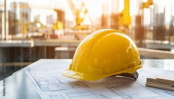 Fototapeta Yellow construction helmet on table with blueprints and cranes at daylight construction site