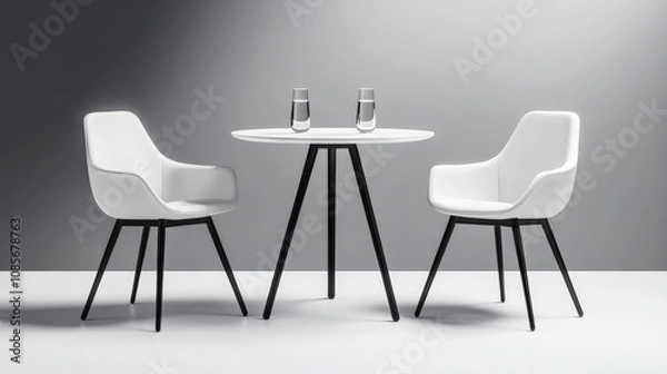 Fototapeta Modern and Minimalist Dining Table with White Chairs and Glasses of Water in Monochrome Interior Setting