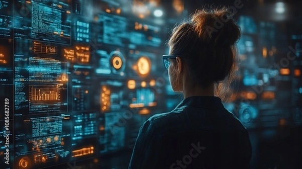Fototapeta Data Analyst Exploring Glowing Clusters Transparent Screens Displaying Dynamic Algorithms RealTime Insight Visualization