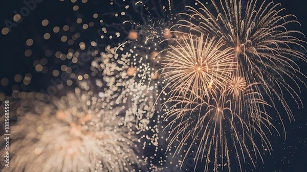 Fototapeta Elegant New Year's Eve Fireworks Display with Dense Golden Sparkles Fading to Delicate Bokeh