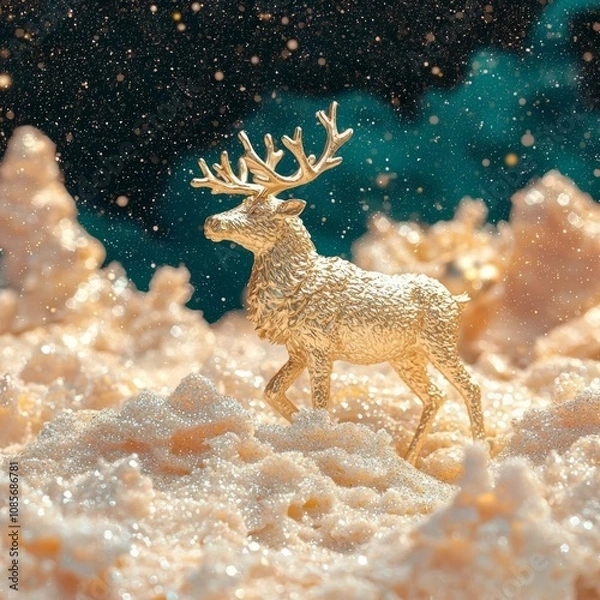 Obraz Golden reindeer figurine on a pastel surreal background. Christmas minimal concept. , isolated on white background,  , copy space, copy space for text,