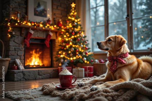 Fototapeta Pisesek w czerwonej obroży, w tle świąteczne dekoracje: choinka, kominek, girlandy. Przytulna atmosfera Bożego Narodzenia w luksusowym wnętrzu.