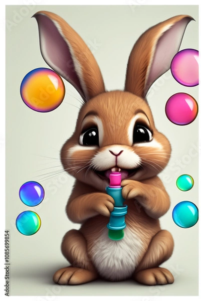 Obraz Cute rabbit playing with bubbles