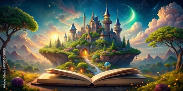Obraz The Magical Castle Emerging from the Pages of a Storybook, Fantasy, Illustration, Book , fairytale , castle , magic