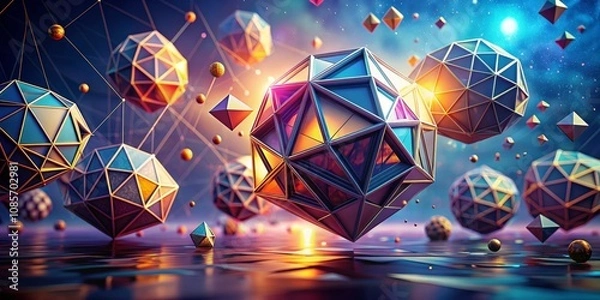 Fototapeta Geometric Abstract, 3D Render, Floating Shapes, Cosmic Background, Digital Art, 3D Modeling, Abstract Art