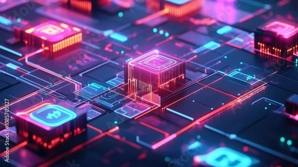 Fototapeta Futuristic Abstract Digital Circuitry with Neon Colors and Light Effects Representing Technology and Data Flow in a High-Tech Environment