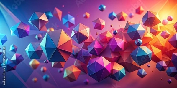 Fototapeta Abstract Geometric Composition of Iridescent Polygons, 3D Render, Geometric Shapes, Iridescent Colors, Abstract Art
