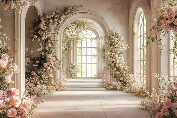 Fototapeta Background with flowers in a wall wedding generative AI