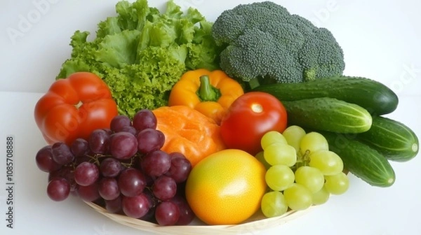 Fototapeta Close-up of vibrant fresh vegetables and fruits arranged in a perfect circular pattern on a white background. This composition represents a healthy metabolism concept, emphasizing organic nutrition