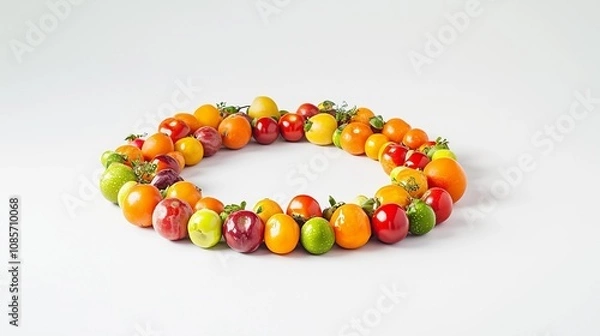 Obraz Close-up of vibrant fresh vegetables and fruits arranged in a perfect circular pattern on a white background. This composition represents a healthy metabolism concept, emphasizing organic nutrition