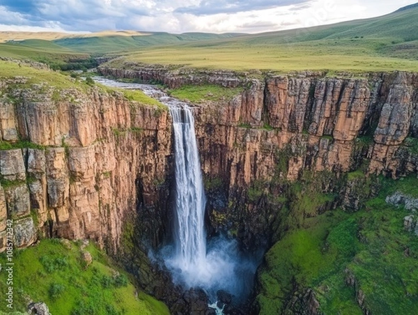 Fototapeta breathtaking waterfalls cascading down rugged rocky cliffs, surrounded by a lush green forest, capturing the serene beauty and power of nature in a vibrant and dynamic landscape