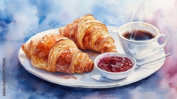 Fototapeta A delightful watercolor painting featuring two golden croissants on a plate with a cup of coffee and a side of jam.