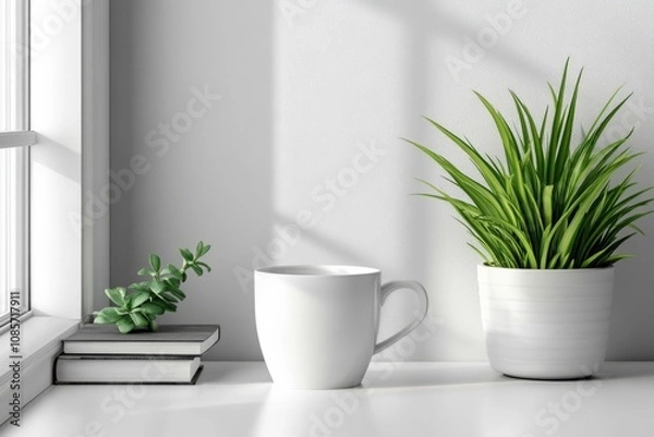 Fototapeta White mug, books, and plants sit on a desk near a sunlit window, creating a peaceful and inspiring workspace