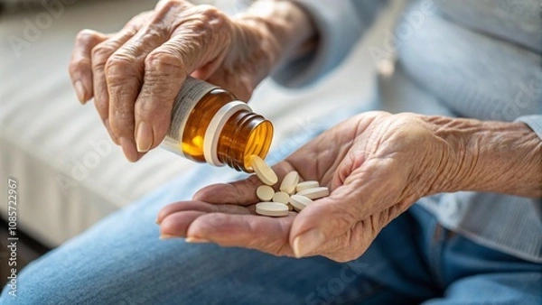 Obraz Close-up of an elderly woman's hands sorting colorful pills on a wooden table. The image conveys themes of senior health, medication, and the challenges of managing prescriptions in later years.
