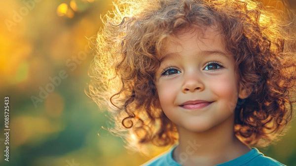 Fototapeta Portrait of a Cheerful Curly-Haired Child Smiling Outdoors With Golden Light and Natural Background