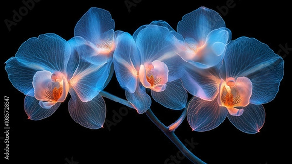 Fototapeta glowing translucent orchids bathed in neon blues and pinks symbolize beauty, transformation, and elegance, with vivid colors representing creativity, mystery, and emotional depth in nature’s art