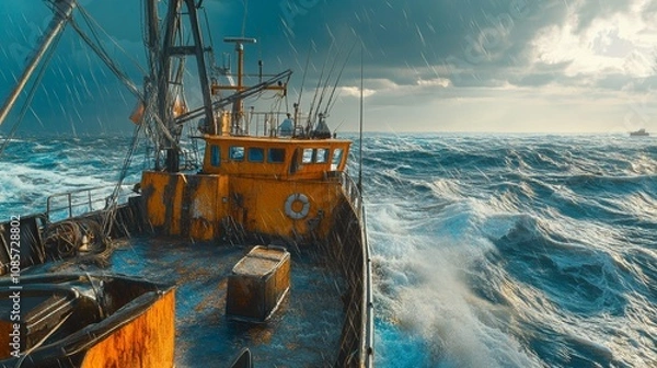 Fototapeta Navigating the Rough Seas Aboard a Fishing Vessel with High Waves Crashing Against the Ship