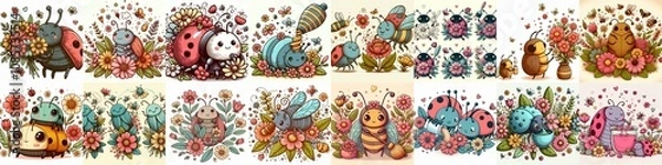 Fototapeta Cartoon bugs and flowers. AI generated illustration