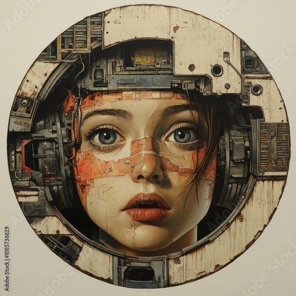 Fototapeta Futuristic portrait of a young woman with tech elements urban setting digital art surreal environment close-up perspective innovation theme