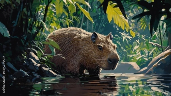 Obraz Capybara Emerging from Lush Jungle Watering Hole Surrounded by Vibrant Green Foliage and Sunlight, Representing Wildlife and Biodiversity in Natural Habitat
