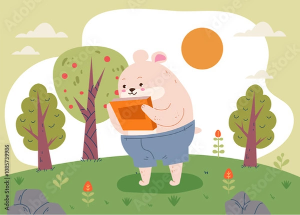 Fototapeta Forest animal characters reading book concept. Vector flat graphic design illustration