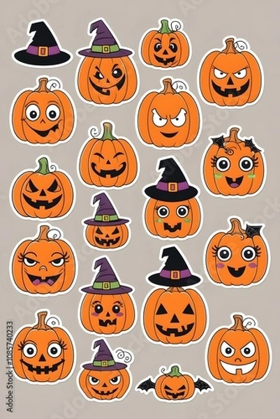 Fototapeta A Spooktacular Collection of Halloween Pumpkin Stickers:  Cute, Spooky, and Hilariously Expressive Jack-o'-Lanterns for Festive Decorations
