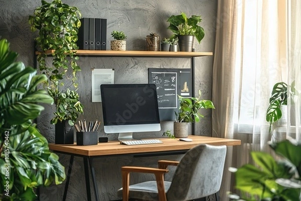 Fototapeta Stylish Home Office with Green Plants and Modern Decor
