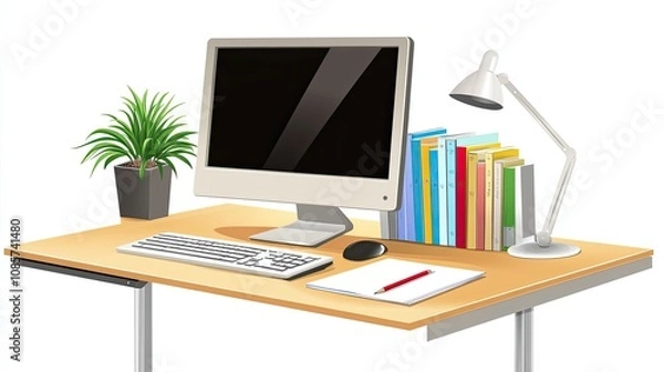Fototapeta A Modern Desk with a Computer, Keyboard, Mouse, Pencil, Paper, Lamp, Books and Plant