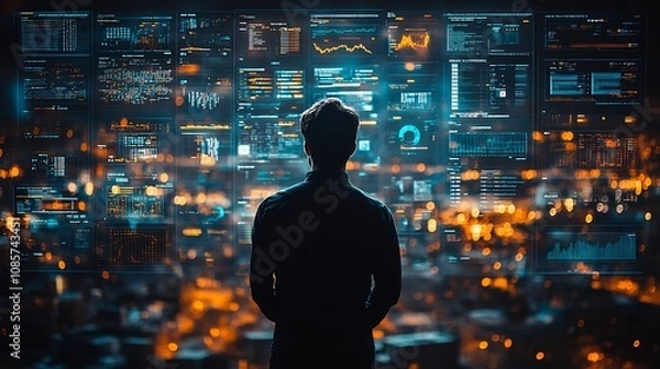 Fototapeta Businessman Engaging Cybersecurity Interface Visual locks glowing firewalls encrypted codes ensuring operational safety