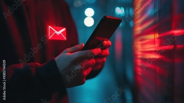 Fototapeta SMS spam, fake text message phishing from scammer concept. System hacked red warning alert, email hack, scam malware spreading virus on message alert virtual on mobile phone screen in person. 