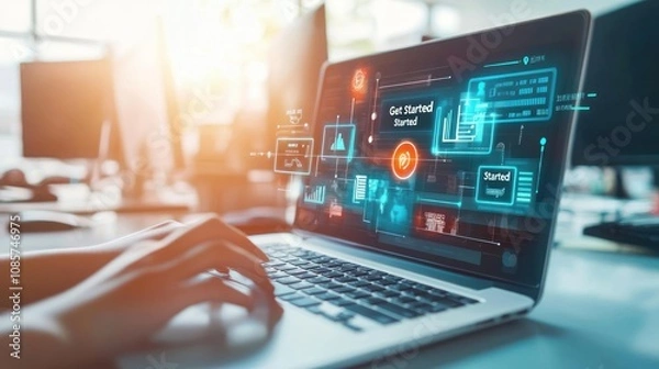 Fototapeta  laptop displaying digital interfaces and data analytics for tech engagement.