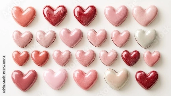 Fototapeta Valentin's Day background featuring soft pink and red hearts in different sizes arranged in a balanced composition, all on a white background