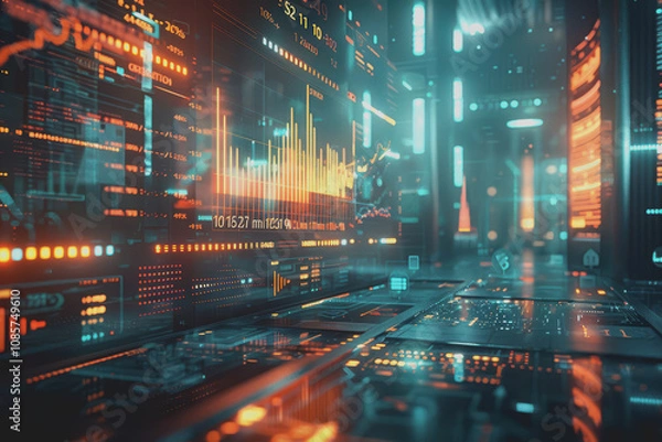 Fototapeta Modern digital financial stock market data visualization combined with Forex trading charts.
