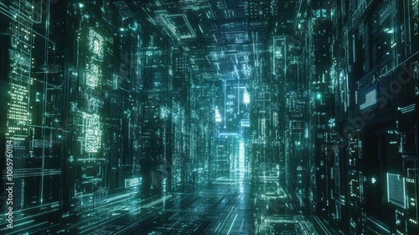 Fototapeta Abstract futuristic corridor with glowing green data streams in a digital space, showcasing advanced technology and cybernetic architecture for modern concepts.