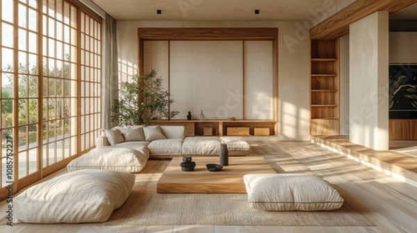 Fototapeta A serene living room with a minimalist design, featuring natural wood accents and soft cushions, inspired by Japanese aesthetics and tranquility.