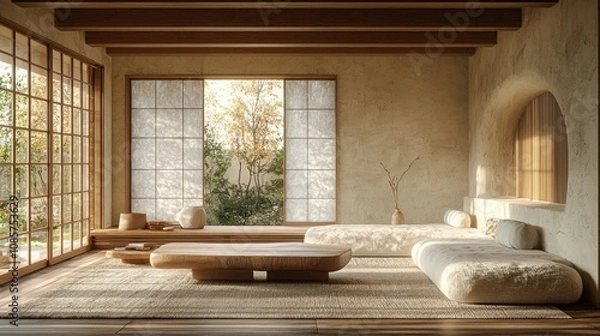 Fototapeta A serene living room inspired by Japanese aesthetics, featuring natural materials, large windows, and a harmonious atmosphere.