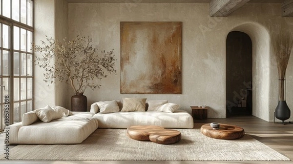 Fototapeta A serene living room with a large light sofa and wooden coffee tables. The walls are adorned with an abstract artwork. Natural light streams in, creating a cozy atmosphere.