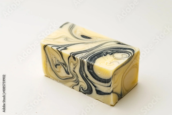 Fototapeta A handcrafted, marbled soap bar with swirling patterns, positioned at an angle on a clean white backdrop, highlighting its texture.